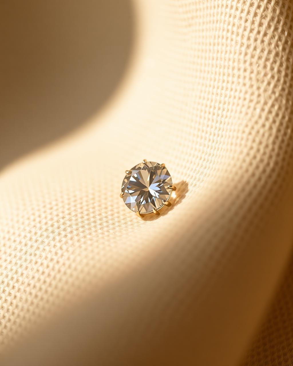 A single moissanite held in warm side light, its facets catching a quiet beam.