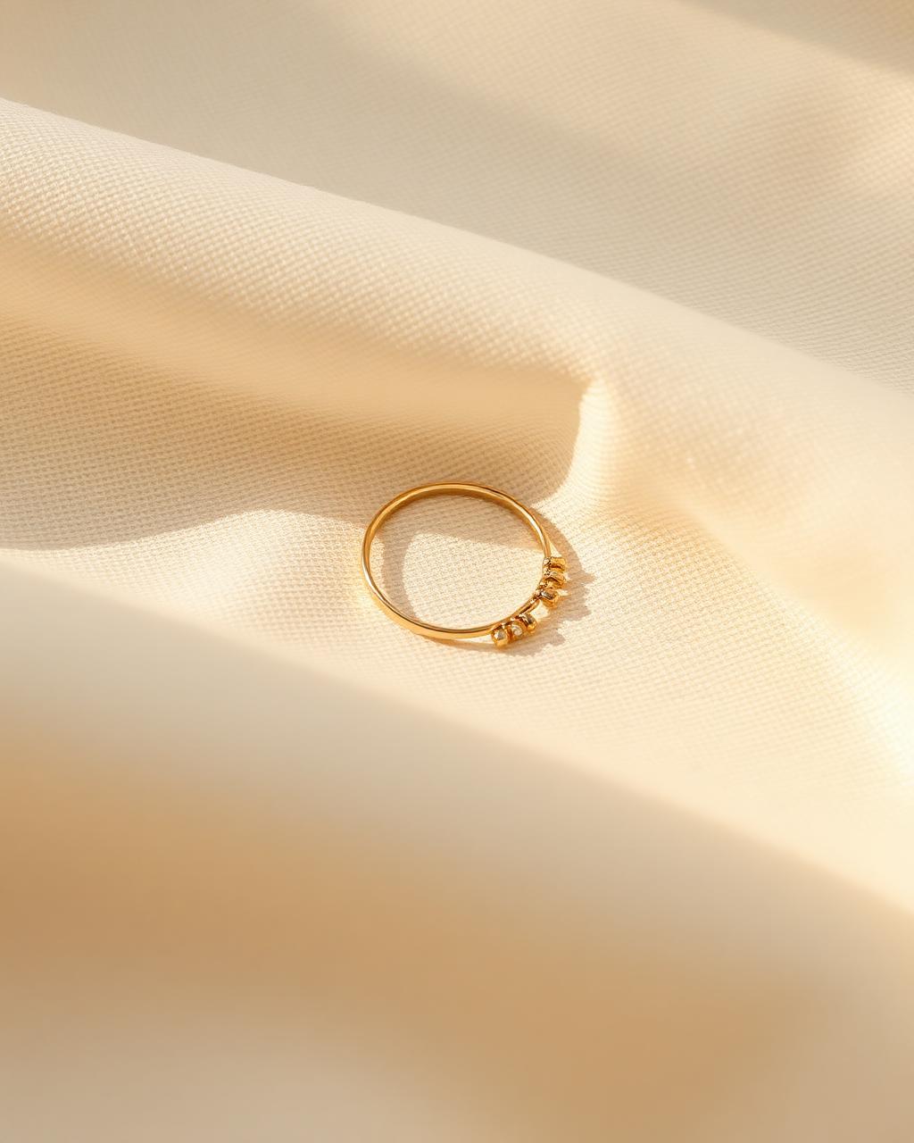 Three simple gold rings stacked on warm linen.