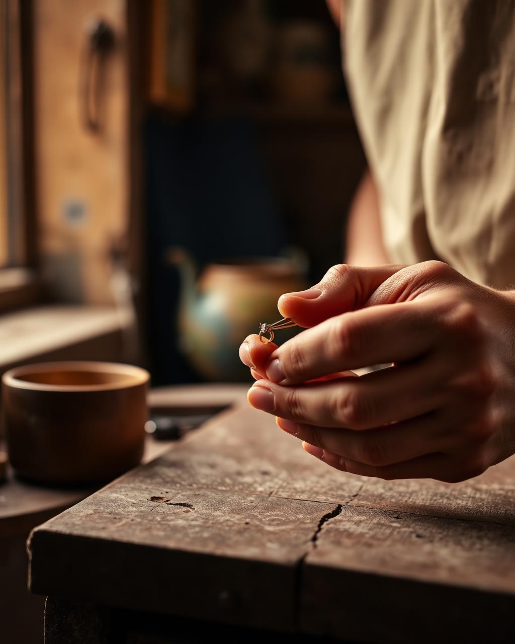 An artisan's hands setting a small stone into a gold band by warm workshop light.