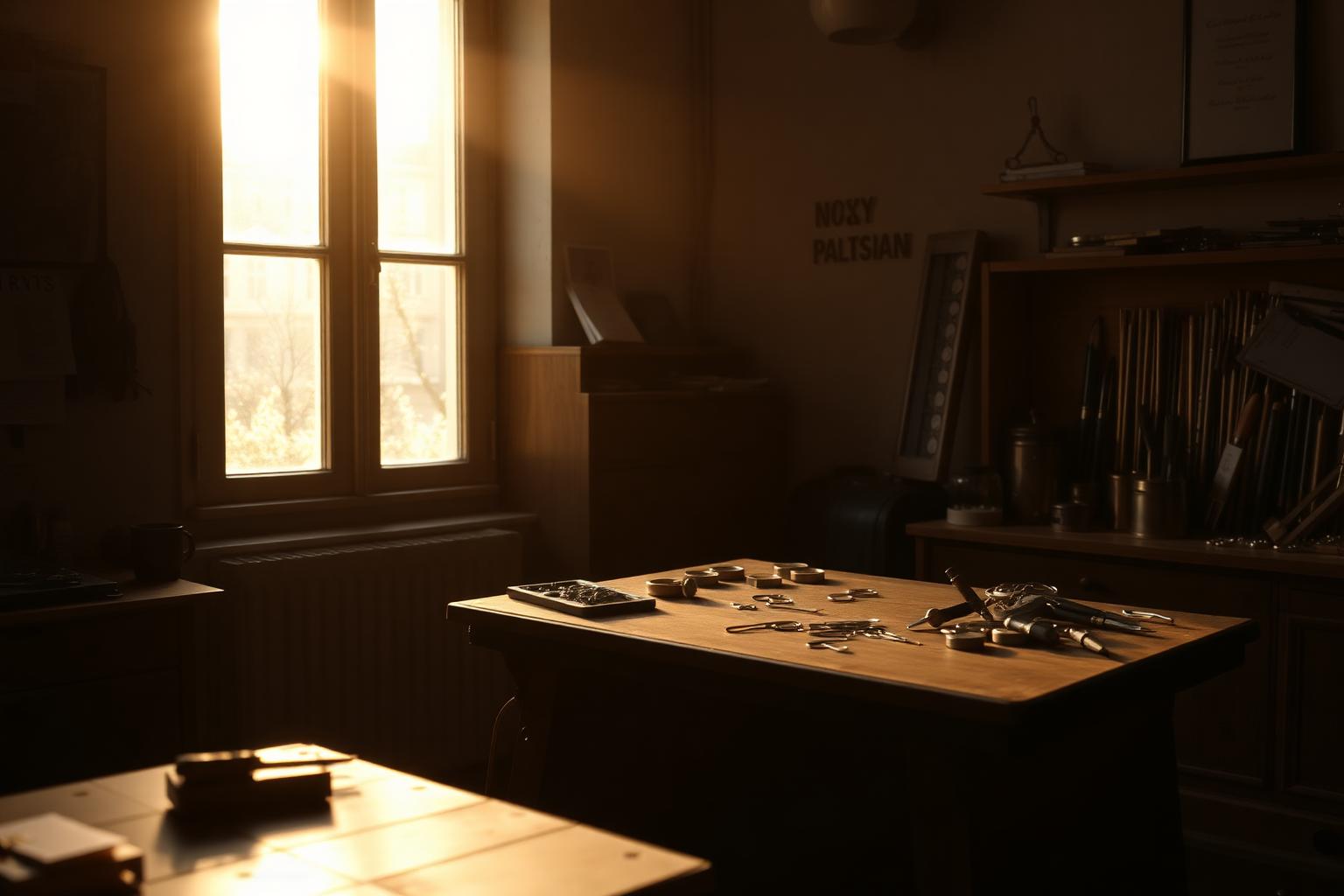 The Parisian atelier at dawn, warm light across a wooden workbench.