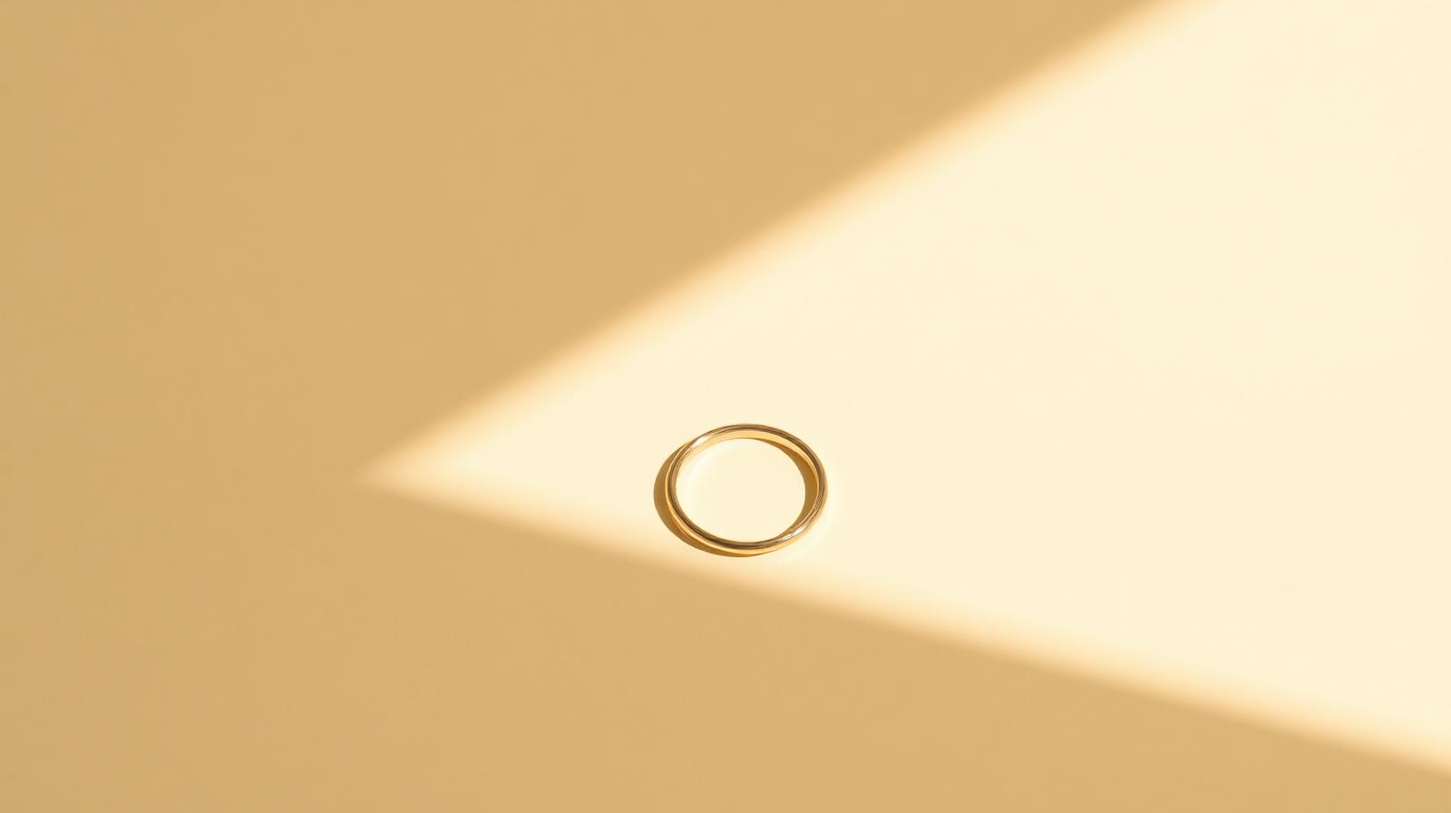 A gold band with a small moissanite resting on warm plaster, half in light and half in shadow.